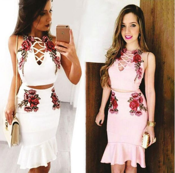 Sexy Fashion Straps Floral Embroidery Chest Lace Up Type Hollow Falbala Two Piece Dress