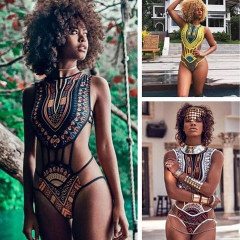 Sexy Women Retro Geometric Print One Piece Swimwear Bikini