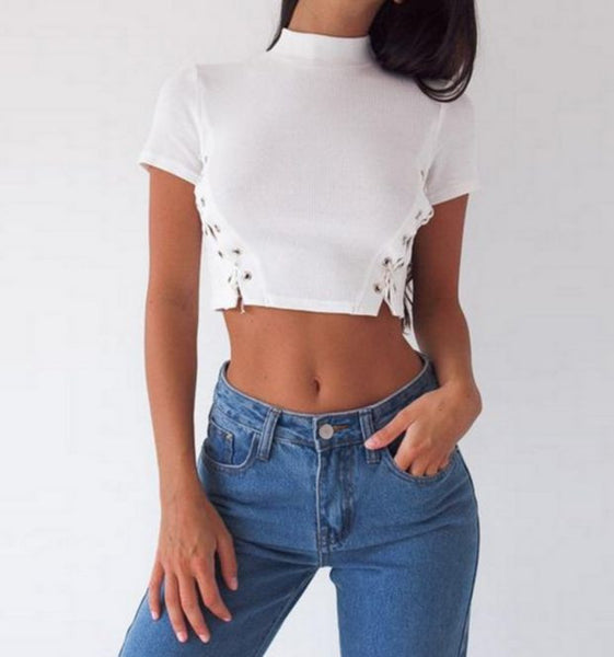 Fashion Sexy Lace Up Type Side Belly Hollow T-Shirt