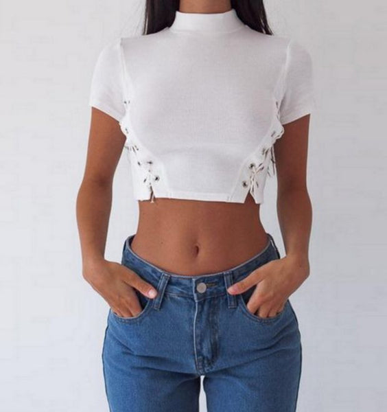Fashion Sexy Lace Up Type Side Belly Hollow T-Shirt
