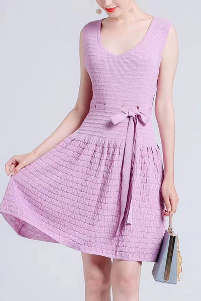Womens Solid Color Sleeveless Bow Dress